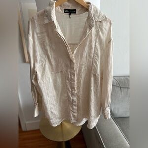 Zara Beige Boho Oversized Button Down Shirt Size L